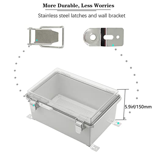 Image of Zulkit Junction Box IP67 Waterproof Electrical Box Hinged Clear Cover Stainless Steel Latch Plastic Enclosure for Project w Mounting Plate Wall Bracket and 2 Cable Gland 13.8 inchx9.8 inchx5.9 inch /350x250x150mm
