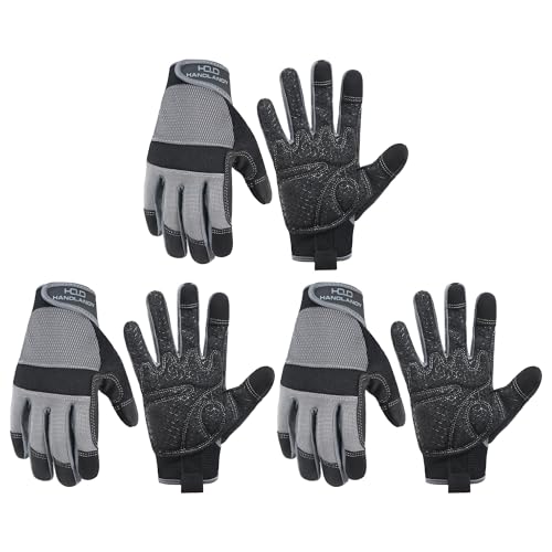 HANDLANDY Working Gloves for Men & Women, Safety Work Gloves with Grip for Warehouse Construction Garden Yard Outside (Grey-Grip, Small (Pack of 3)) Small (Pack of 3) 3 Pairs Grey-grip