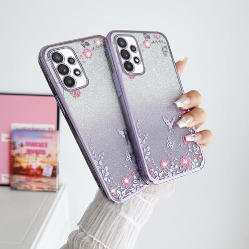 Image of for Samsung Galaxy A53 Case, A53 5G Case for Women Gradual Change Glitter Crystal Soft TPU Stylish Butterfly Floral Heart Clear Protective Cover with Strap for Samsung A53 5g (Purple)