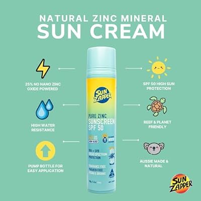 Sun Zapper Pure Zinc Sunscreen SPF 50 Organic Mineral Sunscreen for Face and Body, 25% Non-Nano Zinc Oxide, Reef Safe, Water Resistant, Broad Spectrum, Vegan, 100g (3.5 oz) Pump, Australian Made
