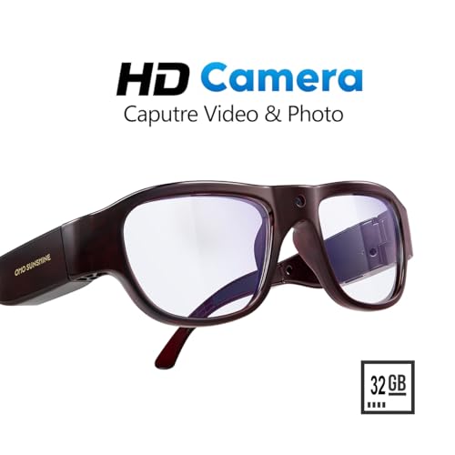 Image of OhO Camera Sunglasses, 32GB HD Outdoor Sports Action Camera with Built in 16MP Camera and Protection Safety Lens, Brown Frame-Blue Light Transitional Lens, 1920X1080