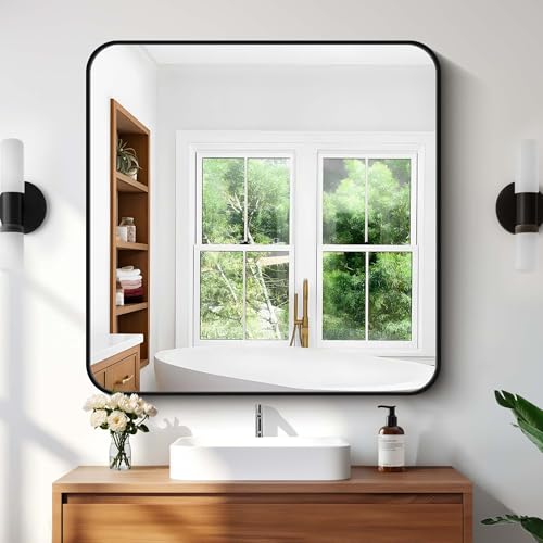 Image of Bathroom Mirror, 36 inchx36 inch Black Square Wall Mirror, Metal Frame Rounded Corner Vanity Mirror, Large Wall Mounted Mirror for Modern Bedroom Living Room Horizontal Or Vertical Mounting