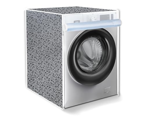 Image of The Furnishing Tree Waterproof and Dustproof PVC Washing Machine Cover Front Loading Compatible for IFB, 7 Kg, 7.5 Kg, 8 Kg, 8.5 Kg, CM-(63x63x81), Floral Pattern Darkgrey