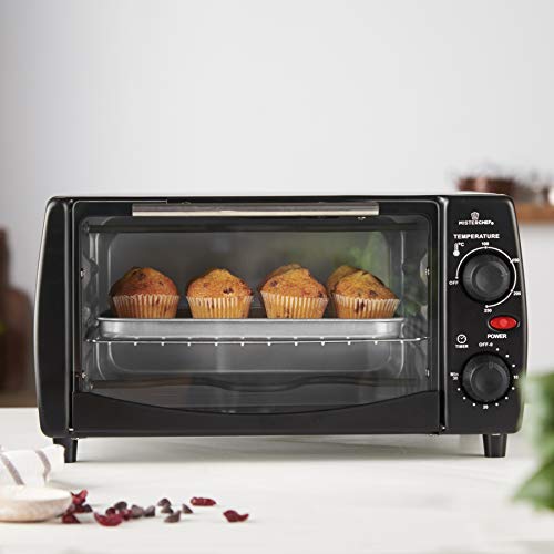 MisterChef 10 Litre Electric Portable Table Top Mini Oven, Temperatures up to 250°C, 30 minute Timer Auto Shut Off, 800W, Black - Free 2 Year Warranty, Free Recipe Booklet