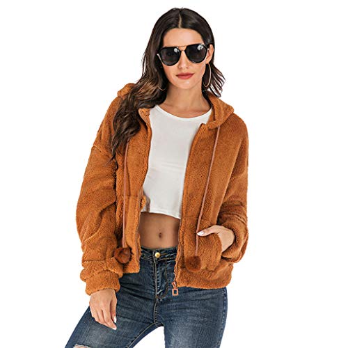 Women Winter Plush Long Sleeve Hooded Jacket Zipper Front Faux Fleece Loose Coat with Camel