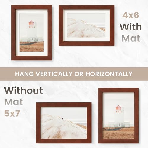 Image of 5x7 Picture Frame, USA-Sourced Natural Mahogany Wood Photo Collage Frame with HD Tempered Glass, Modern Simple 5 x 7 Wooden Frame Matted to 4x6, Gallery Wall Frames for Art, Wall or Tabletop Display