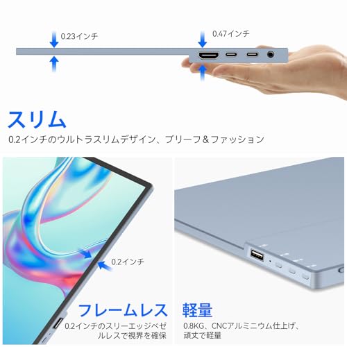 Jhcztrk モバイルモニター タッチスクリーン 15.6 インチ FHD 1080P IPS 超薄型 軽量 ベゼルレス HDR USB-C HDMI ゲーミング ノート PC Mac Switch PS5 Xbox 対応 サブモニター