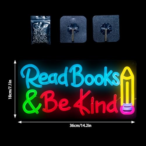 Image of Read Books Be Kind Neon Sign for Wall Decor Dimmable Read Books Neon Light for Classroom LED USB Classroom Sign for Bookstore Library Museum Study Room Christmas Birthday Gift Size 14.2In*7.1In