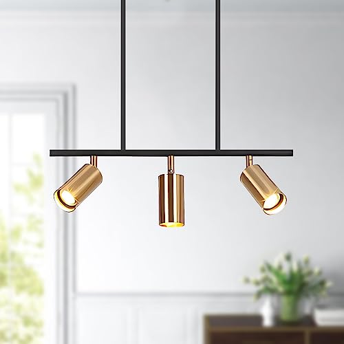 BOKT Chandelier 3-Light Modern Track Lighting Fixtures Metal Brushed Brass Hanging Pendant Light with LED Bulbs, Track Wall Spotlight for Living Room, Hallway, Kitchen (3 Heads)
