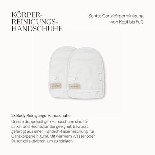 Waschies Waschhandschuhe – 2er-Set Weiß – sanfte Ganzkörperreinigung – waschbar, wiederverwendbar, nachhaltig & hypoallergen - geeignet für alle Hauttypen und Links/Rechtshänder