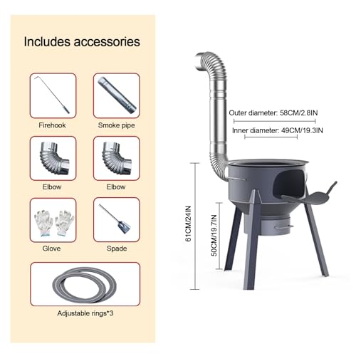 Detachable Wood Burning Stove for Camping, Heavy Duty Outdoor Fire Pit with Adjustable Rims, Portable Cast Iron Cookware Stand for Hiking, Emergency Backup & Kitchen Heating, 17 Inch - Image 2