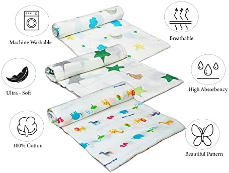 Baby Muslin Swaddle Cotton Blankets for Boys and Girls 120cm x 120 cm 3 Pack Unisex Breathable Lightweight Ultra Soft Newborns Infant Showers Gift by MaiaBoo