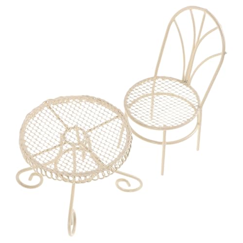 Milisten Lot de 2 Set de Meubles Miniatures en Fer Forgé Ensemble Table et Chaise Bistrot de Maison de Poupée 2Pcs Finition Lisse Couleur Beige Crème Accessoires Décoratifs pour Salon