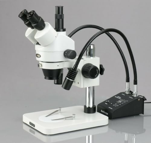 Image of AmScope SM-1TSW2-L6W-10M Digital Professional Trinocular Stereo Zoom Microscope, WH10x and WH25x Eyepieces, 3.5X-225X Magnification, 0.7X-4.5X Zoom Objective, 6W Dual-Gooseneck LED Light, Pillar Stand, 85V-265V, Includes 0.5X and 2.0X Barlow Lenses, Includes 10MP Camera with Reduction Lens and Software