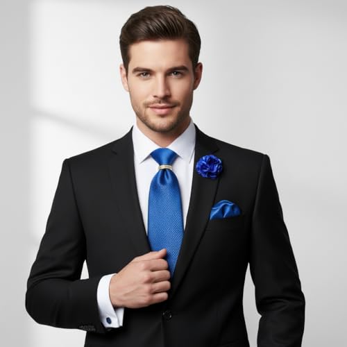 Image of 5PCS Mens Silk Designer Tie, Pocket Square, Cufflinks, Drilled Tie Ring and Lapel Pin Set for Wedding Groom Party