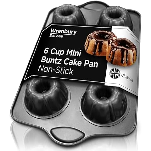 Wrenbury Nonstick Mini Buntz Cake Pan Non Stick for Baking - 6 Cup Bundtlette Fluted Cake Tin for Small Cakes - PFOA Free and Dishwasher Safe - 3.75” Cup Width Cover