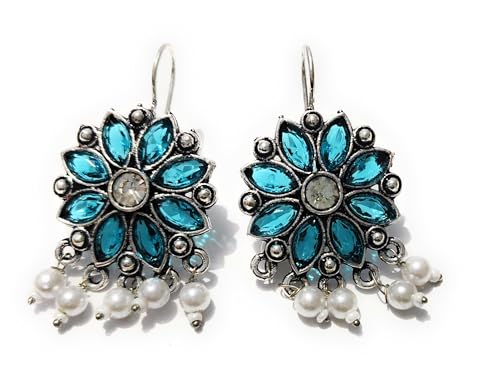 SHARVARI IMITATION JEWELLERY Oxidised Flower Styled Kundan Earrings with Pearl Drop - Antique Silver Finish Ethnic Earrings for Women (Sky Blue) (B0DFWMKYQJ) Amazon Price History, Amazon Price Tracker