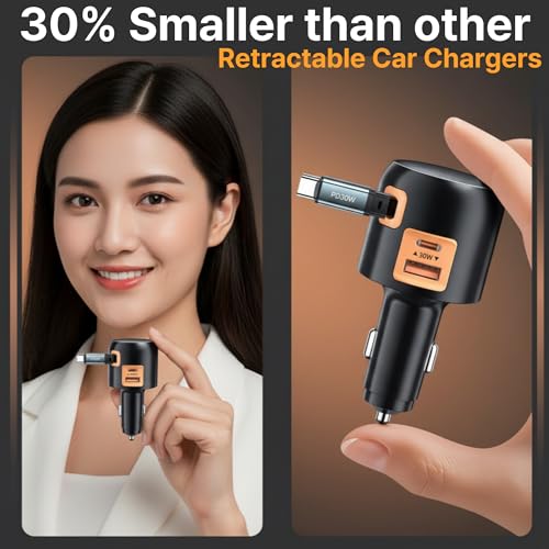 Image of 60W Retractable Car Charger, 3-Port USB-C Car Charger Adapter with Built-In Retractable Cable, Fast Charging Cigarette Lighter Adapter for iPhone 17 /16 /15, Galaxy S26 /S25, Pixel, iPad(Orange)