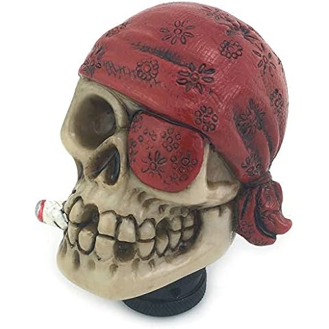 Thruifo Skull Gear Knob Shifter, Car Stick Shift Handle One-Eyed Pirate Skeleton Style Fit Most Manual Automatic Transmissions, Red Cover