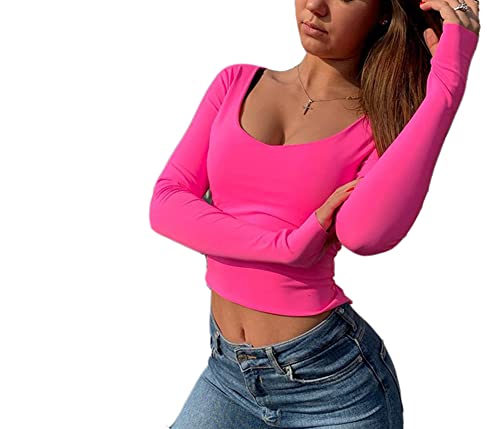 GEMBERA Women's Long Sleeve Crop Tops Scoop Neck Fitted Basic Workout Tee3