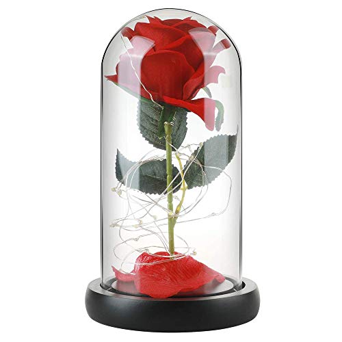 WDEC Rosa de Seda Roja y Luz LED, en Una Cúpula de Cristal sobre Una Base de Madera Regalo para el Día de San Valentín Boda de Cumpleaños de Aniversario, La Bella y La Bestia Rosa Encantada