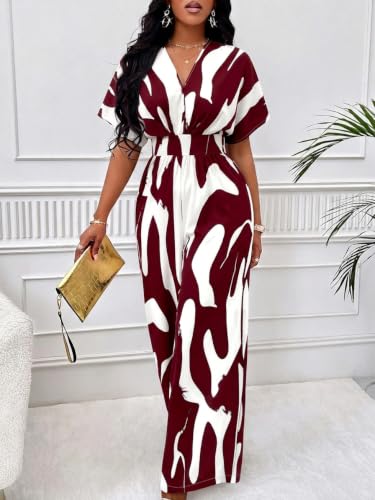 Image of PerZeal Women's V-Neck Short Sleeve Printed Jumpsuit with Pockets - Casual Wide Leg One-Piece Romper for Summer（S-XXL）