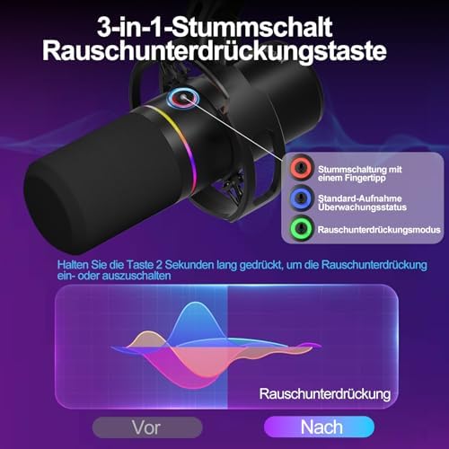 Bild 1 - XLR/USB Dynamisches Mikrofon mit Arm, Streaming Mikrofon mit Geräuschunterdrückung, unabhängiger Lautstärkeregler, Podcast Mikrofon für Studio Gaming Aufnahme