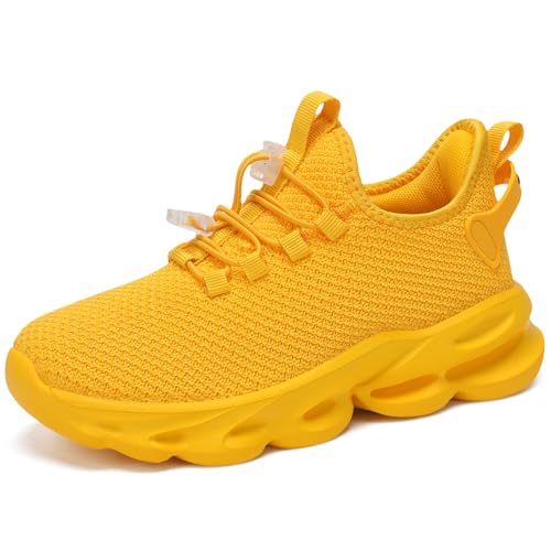 Lightweight Sports Boys Tennis Shoes With Quick Adjust Bungee Kids Running Shoes Yellow Size 10.5