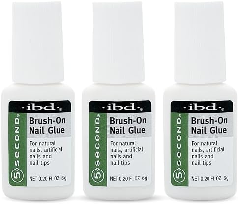 IBD 5-Second Brush On Nail Glue – Strong Nail Glue for Press Ons and Acrylic Nails, Quick-Dry Gel for Split or Broken Nails, Nail Bond & Repair – 6g, 3-Pack