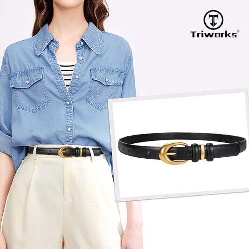 Image of TRIWORKS 2 Pack Women Leather Belt for Jeans Pants Fashion Ladies Faux Leather Belt with Gold Buckle