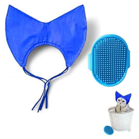 Cat Shower Cap and Bath Brush set, Cat Ear Cover and Grooming Bathing Brush for Cats Puppy Small Dogs, Cat Ear Protection Stuff, Small Dog Cat Bathing Supplies, Pet Accessories (Blue) Cover