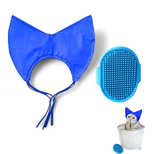 Image of Cat Shower Cap and Bath Brush set, Cat Ear Cover and Grooming Bathing Brush for Cats Puppy Small Dogs, Cat Ear Protection Stuff, Small Dog Cat Bathing Supplies, Pet Accessories (Blue)