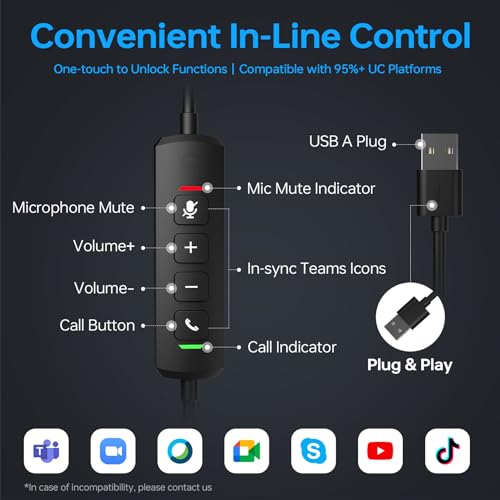Blucalm Wired Headset With Mic For Pc/Laptop, Noise Canceling Headphones With Mic/In-Line Control For Teams, Usb Black On-Ear Computer Headset thumb #4