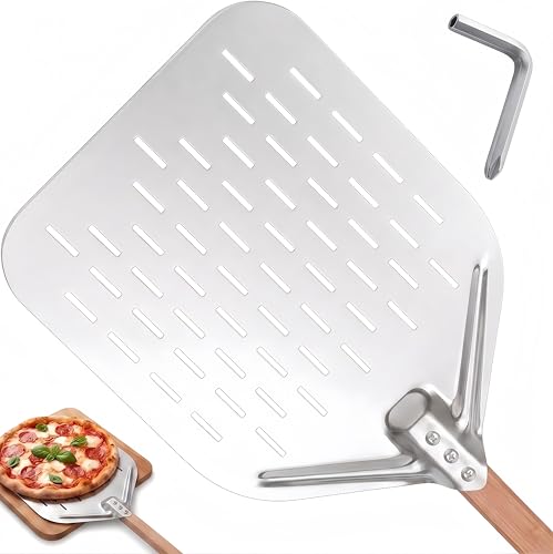 NSXVIA Łopatka do pizzy perforowana 39,5 x 30 x 2 cm – aluminiowa łopatka do pizzy ze zdejmowanym drewnianym uchwytem, lekka obieraczka do pizzy, łopatka do pizzy i łopatka do pizzy, do pieca