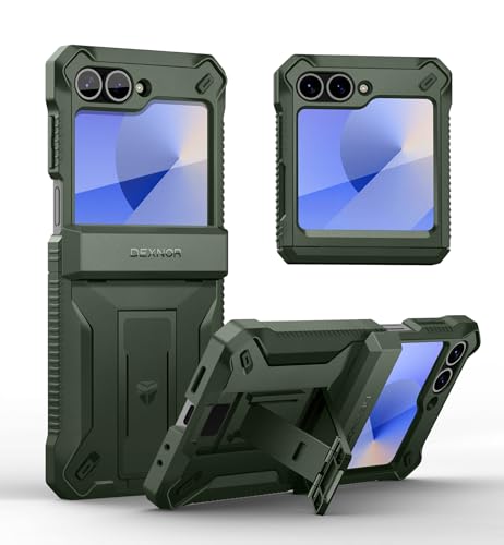 Dexnor Samsung Galaxy Z Flip 6�p �P�[�X �X�^���h&�q���W�ی�&�t�����g�X�N���[���v���e�N�^�[�t�� �f���A�����C���[�ϏՌ��o���p�[�P�[�X �S�ʖh��J�o�[(�O���[��)