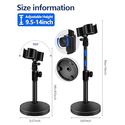 BILIONE Versatile Desktop Microphone Stand, Adjustable Table Mic Stand with Large Microphone Clip, Cell Phone Clip, 5/8 Male to 3/8 Female Metal Adapter