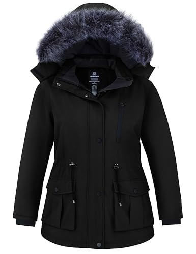 Wantdo Abrigo Mujer Tallas Grandes Impermeable Invierno Cálido Chaqueta Parka con Capucha Desmontable Negro 50