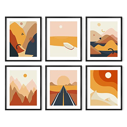 HAUS AND HUES Abstract Minimalist Landscape Wall Art – Set of 6 Modern Mountain Prints, Geometric Nature Posters, Aesthetic Minimalist Wall Decor (Black Frame, 8x10)