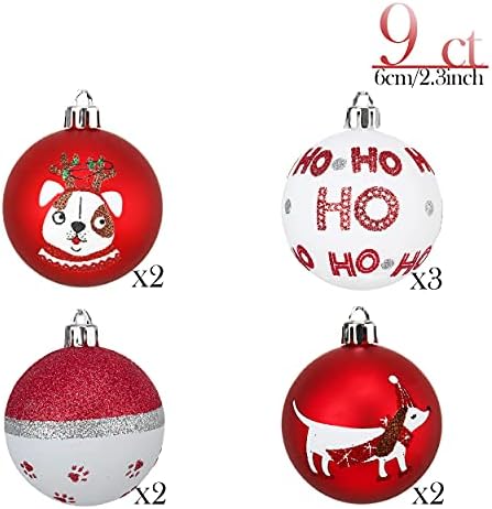 Valery Madelyn 9pcs 6cm Shatterproof Christmas Baubles,Traditional Red and White Christmas Ball Ornaments with Dog Puppy Pet Print for Christmas Tree Decorations