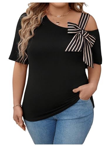 SOLY HUX Women's Plus Size Cold Shoulder Tops Summer Dressy Striped Bowknot Tunic Top Short Sleeve Fitted Tee Shirts