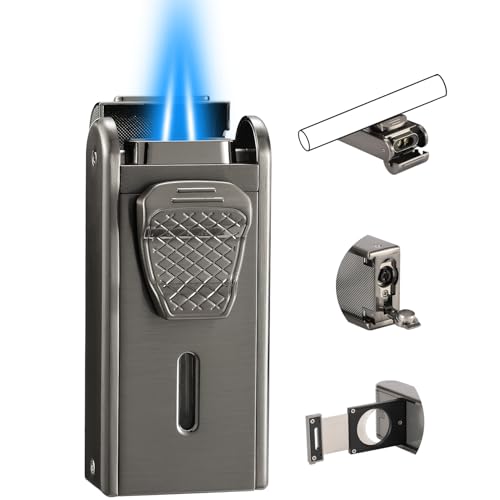 Double Jet Flame Torch Lighter All in One Gas Lighter Built-in Cutter Punch Holder Function Refillable and Adjustable Windproof Butane Lighters Gifts for Men Black. (Sold Without Gas)