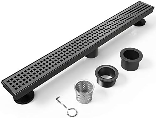 48 Inch Linear Shower Drain Rectangular Floor Drain with Accessories Square Hole Pattern Cover Grate Removable SUS304 Stainless Steel CUPC Certified Matte Black