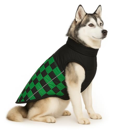 Image of The Pets Company Dog Winter Coat Jacket, Cloth, Windproof, Waterproof, Light Weight, Washable, Ultra Warm Thick Fleece Lined Dog Vest for Cold Weather Protection, (Green Check, Medium-Large-22 Inch)
