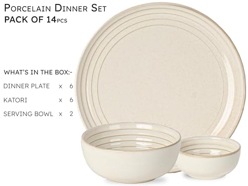 Image of Bodhi House Handcrafted Chip Resistance Porcelain Dinner Set, 14 Pieces Dish Set Serving for 6, Microwave and Dishwasher Safe, Bone-ash Free, Crockery Set for Dining and Gifting, Spanish White