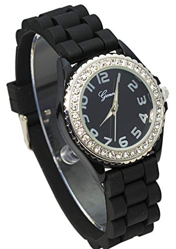 White Black 2 Pack Geneav Crystal Rhinestone Large Face Watch With Silicone Jelly Link Band #TOP5