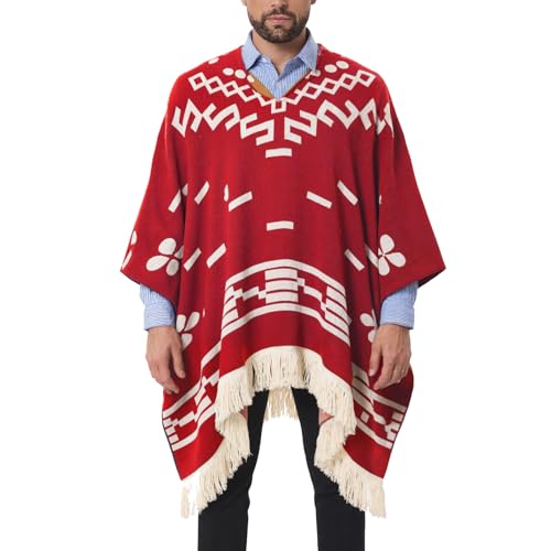 JXVX Alpaca Wool Poncho mexican ponchos for men Spaghetti Western Hippie Poncho Cowboy Pancho Costume Sweater Cloak (Red-2XLarge-3XLarge)