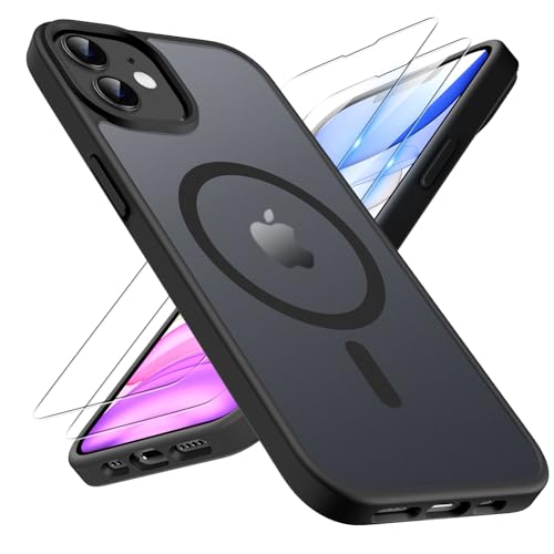 TQIAHF Magnetic Phone Case for iPhone 11 Case with 2 Tempered Glass Screen Protector Compatible with MagSafe Military Grade Shockproof Translucent Matte Cover Slim Phone Case for iPhone 11 Black