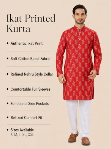 Image of Studio Shringaar Men's Cotton Blend Relaxed Fit Ikat Printed Knee Length Kurta