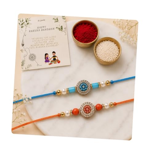 Image of I Jewels Traditional Designer Pack of 2 Rakhis with Decorative Crystal Work, Beads and Pearl Style Accents for Men Boys Brother Roli Chawal & Raksha Bandhan Card