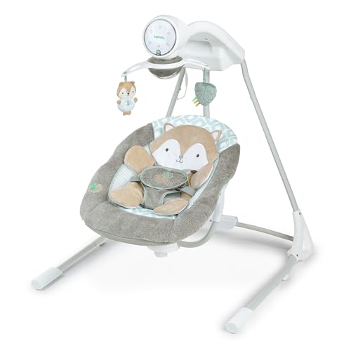 Ingenuity InLighten 5-Speed Baby Swing – Swivel Infant Seat, 5 Point Safety Harness, Nature Sounds, Lights – Kitt Fox
